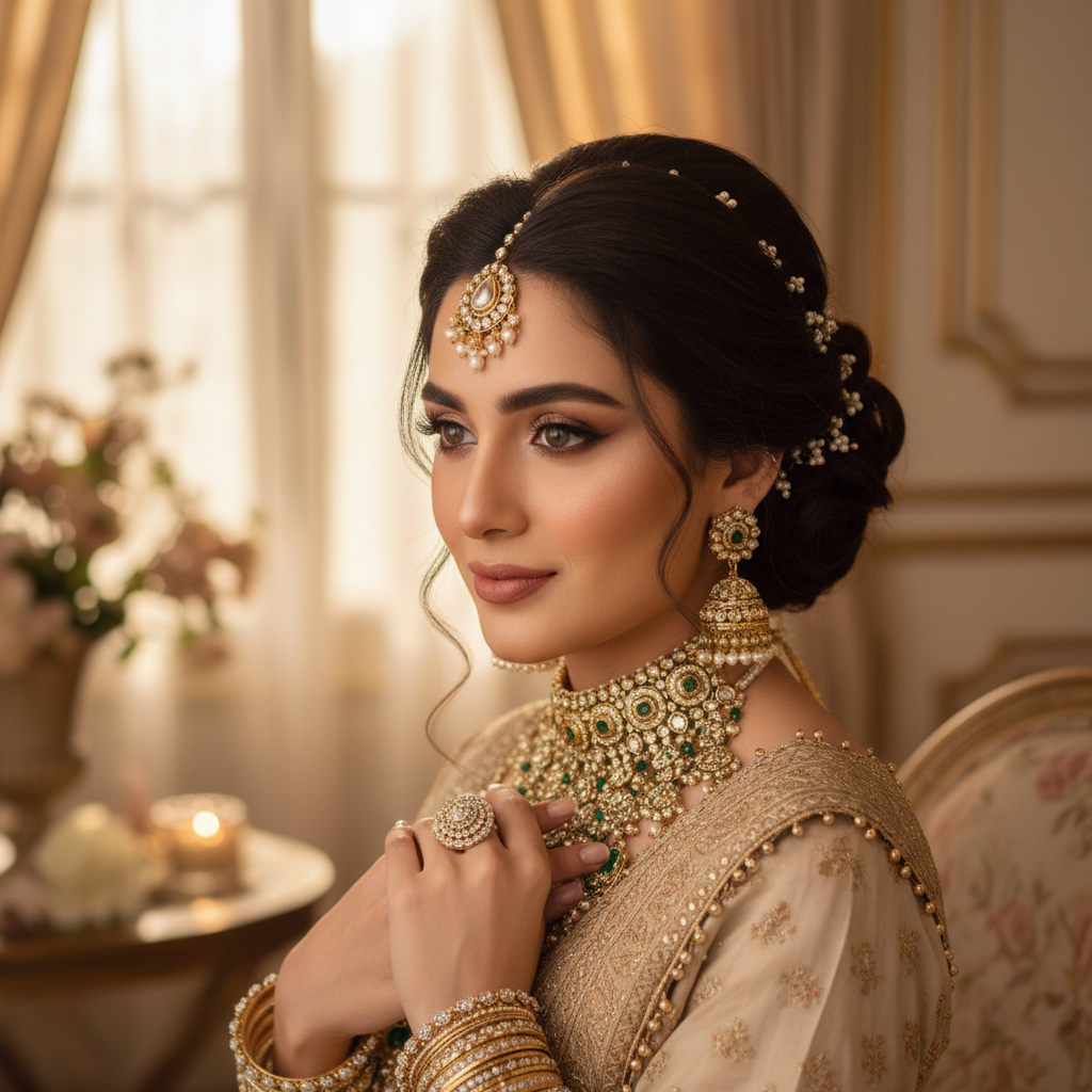 A beautiful bridal styling shot featuring a Pakistani woman with an intricate, softly swept updo and pearl accessories.