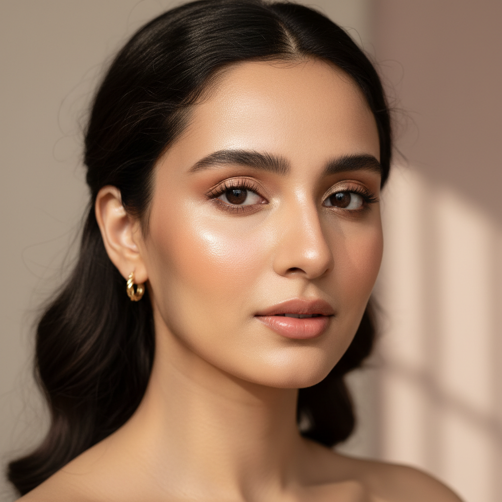 Close-up portrait of a Pakistani woman with flawless, glowing skin and a minimalist makeup look.