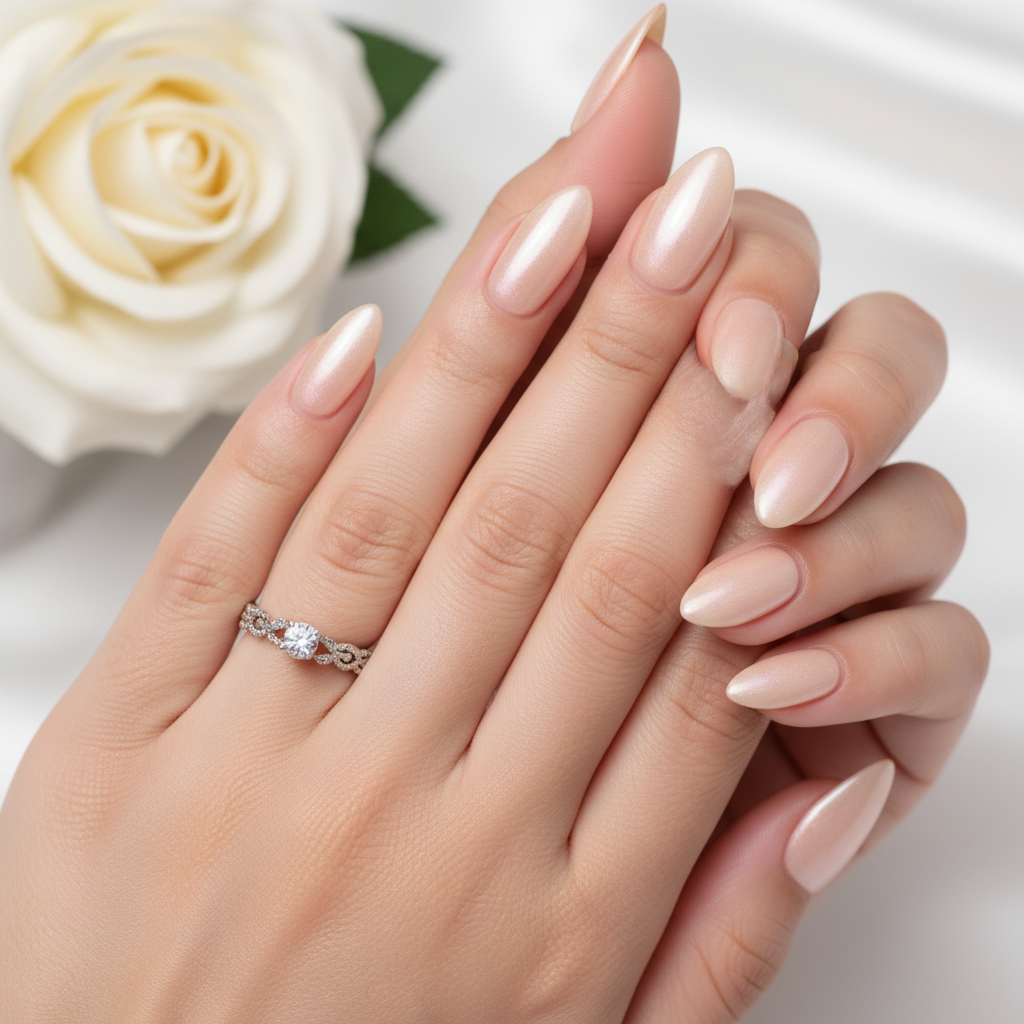 A macro beauty shot focusing on expertly manicured nails in a soft champagne tone.