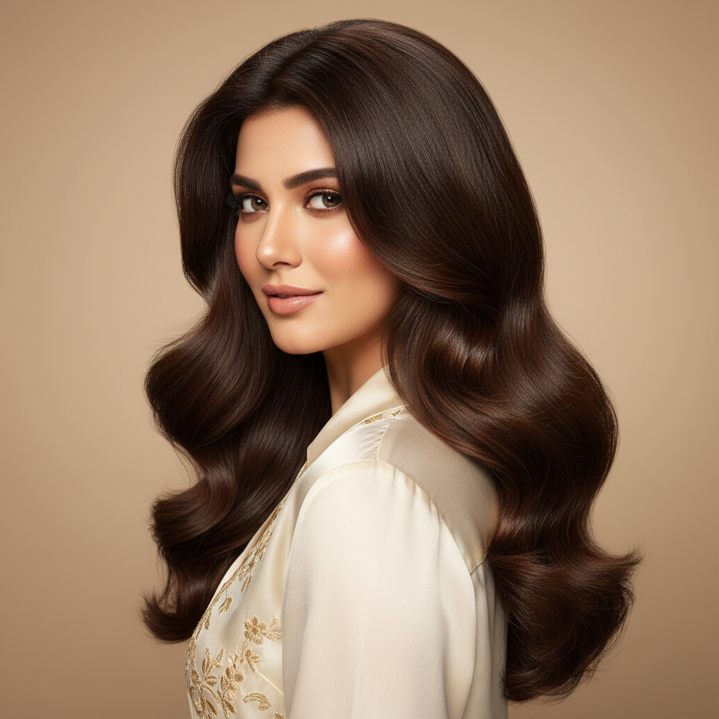 A sophisticated shot of a Pakistani woman with perfectly styled, voluminous brunette hair.