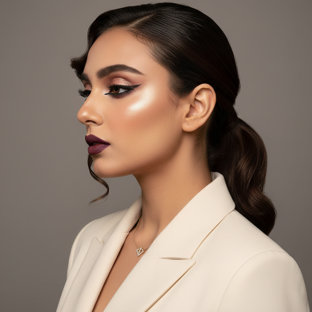 A striking profile portrait of a Pakistani woman showcasing an elegant, modern makeup application.