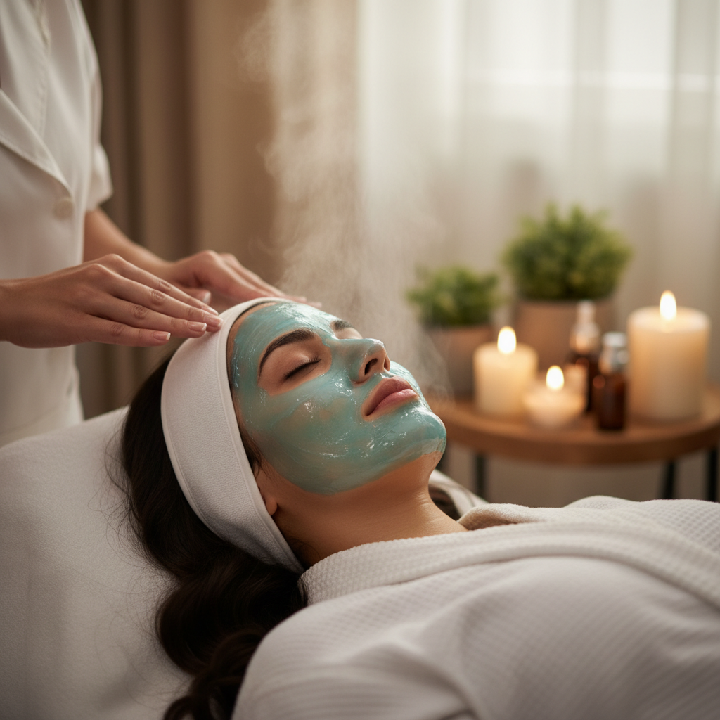 A tranquil scene showing a facial treatment in progress with a hydrating mask applied.